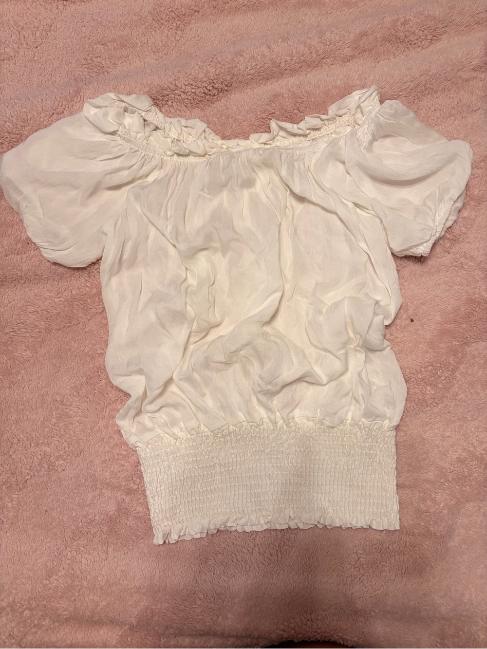 White Off-Shoulder Ruffle Blouse with Smocked Hem